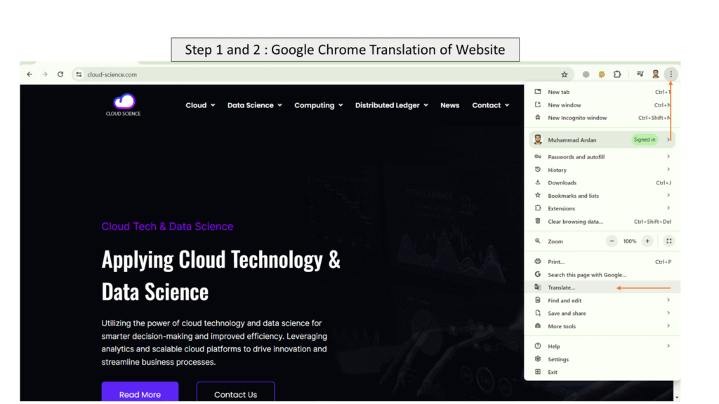 Step 1,2 Google Chrome translation of website