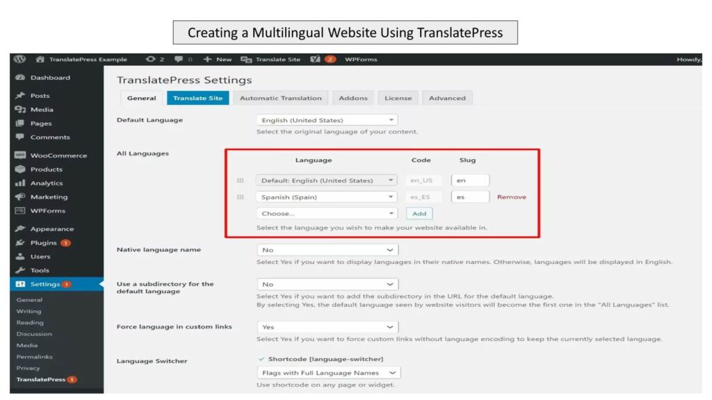 Step 2 Multilingual Website Using TranslatePress