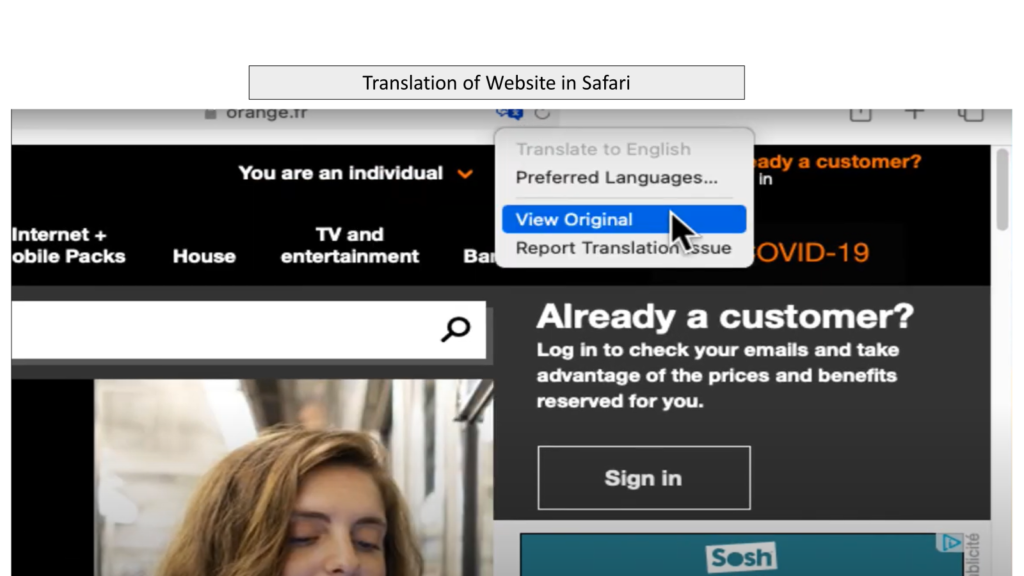 Safari translation of website into original form again