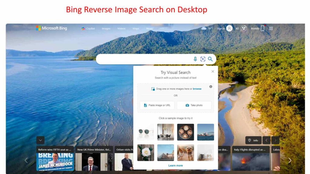 Bing Reverse Image Search on Desktop